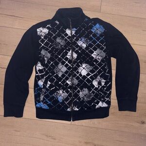 Chor Black Zip Hoodie with White & Blue Distressed Argyle